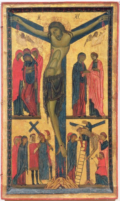 Korsfästelsen med heliga kvinnor, sörjande, Kristus på vägen till Golgata och avsättningen, högra panelen av en diptyk (tempera på panelen) av Bonaventura Berlinghieri