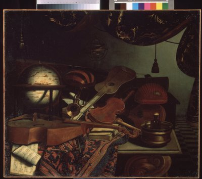 ""Still life with musical instruments"" (Still life with musical instruments) Glob, flöjt, partitur, viol, gitarr. Målning av Bonaventura Bettera (1663-1718) 1715 Pushkin Museum, Moskva av Bonaventura Bettera