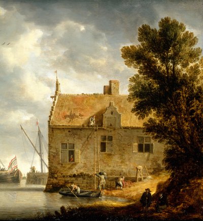 Byggare som reparerar ett hus vid en flod av Bonaventura Peeters