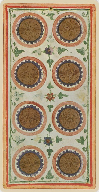 The Eight of Coins, faksimil av ett tarotkort från 