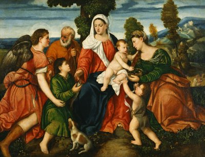 Den heliga familjen med Tobias och ängeln, den heliga Dorotea, Giovannino och miraklet med majsen utanför av Bonifazio Veronese