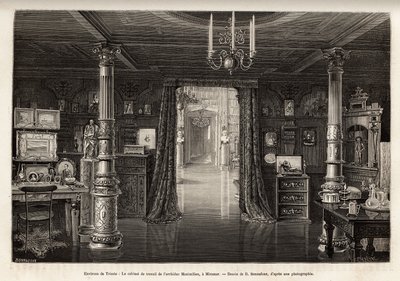 Ärkehertigen av Österrike Maximilians (1832-1867) arbetsskåp på slottet Miramar, som han lät bygga i närheten av Trieste, från 1857, då han utropades till vice kung av kungadömet Lombardiet och Veneto, graverat av B.Bonnafoux illustra av Bonnafoux Bonnafoux
