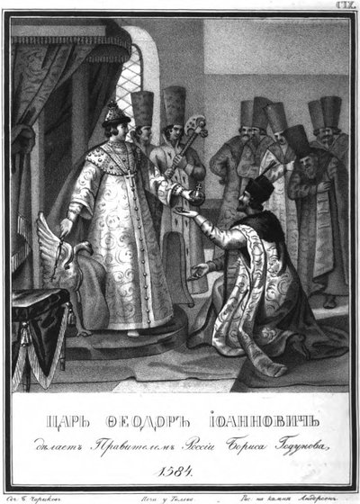 Fjodor I överlämnade sitt styre till Boris Godunov. 1584 Från Illustrerad Karamzin, 1836 av Boris Artemyevich Chorikov
