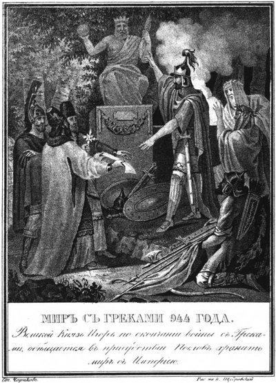 Prins Igor sluter fred med Bysans. 944 Från Illustrerad Karamzin, 1836 av Boris Artemyevich Chorikov