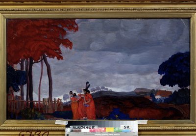 ""Den unga flickans smärta"" Två kvinnor klädda i rött omger en tredje, försvagad av sorg. Målning av Boris Grigoriev (1886-1939) 1912 Regionala W. Wereshchagin konstmuseum, Mykolaiv av Boris Dmitrievich Grigoriev