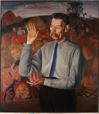 Porträtt av författaren Maxim Gorky (1868-1939) - Målning av Boris Dmitryevich Grigoriev (1886-1939), olja på duk av Boris Dmitrievich Grigoriev