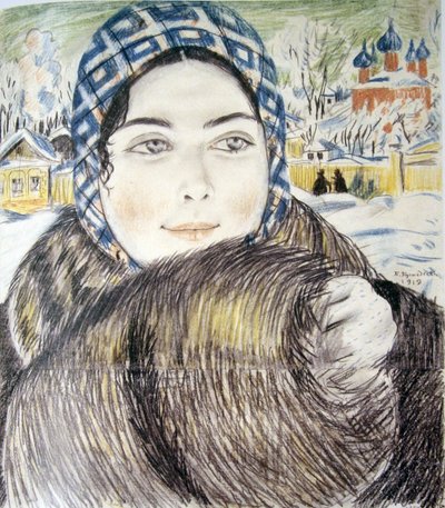 En ung köpmans fru i rutig halsduk par Kustodiev, Boris Michaylovich (1878-1927) av Boris Mikhailovich Kustodiev