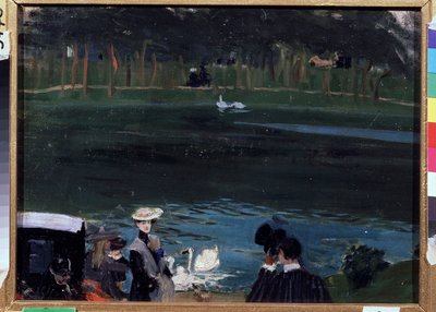 Bois de Boulogne. Sjön med svanar och vandrare. Målning av Boris Michaylovich Kustodiev (Kustodiev) (1878-1927), olja på duk av Boris Mikhailovich Kustodiev