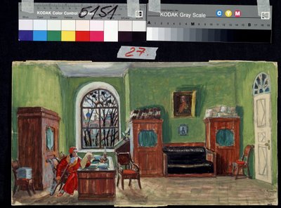 Dekorpreparatoire pour la piece de theater La mort de Pasukhin de Mikhail Saltykov-Shchedrin (Saltykov Shchedrin, Saltykov-Chtchedrine, Saltykov Chtchedrine) (1826-1889) (Scenografi för teaterpjäsen Pasukhins död av M. Saltykow Schtschedrin). Oeu av Boris Mikhailovich Kustodiev