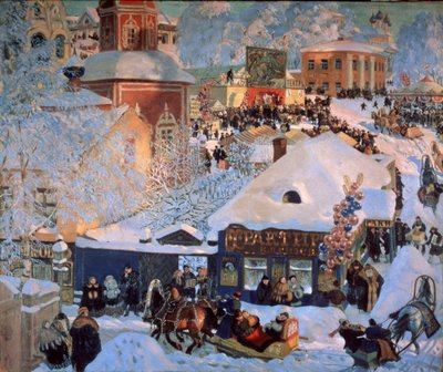 Vinter, Mardi Gras (vinter, Schrovetide). Traditionella festligheter på de snötäckta gatorna i en provinsstad. Förutom beskrivningen av stadens byggnader, klungorna av ballonger, en karusell, tavernors skyltfönster och slädar som dras av av Boris Mikhailovich Kustodiev