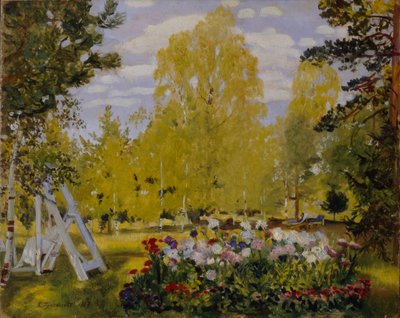 Landskap med en blomsterbädd av Boris Mikhailovich Kustodiev