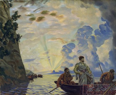 Kosackledaren Stepan (Stenka) Timofeevich Razin (1630-1671) i en båt. Han ledde ett uppror mot adeln och den tsaristiska byråkratin i södra Ryssland (Stepan Razin). Målning av Boris Michaylovich Kustodiev (Kustodiev) (1878-192) av Boris Mikhailovich Kustodiev