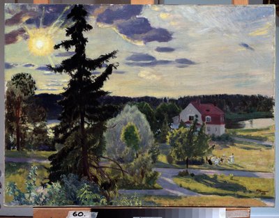 Kvällslandskap. En grupp barn leker med en boll på gräsmattan framför ett hus. Målning av Boris Michaylovich Kustodiev (Kustodiev) (1878-1927), olja på duk av Boris Mikhailovich Kustodiev