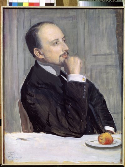Porträtt av konstnären Evgeny Evgenyevich Lanceray (Eugene Lancere) (1875-1946) (Porträtt av konstnären E. Lanceray). Verk av Boris Michaylovich Kustodiev (Koustodiev) (1878-1927), tempera på kartong av Boris Mikhailovich Kustodiev