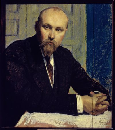 Porträtt av konstnären Nicolas Roerich (1874-1947) (Porträtt av konstnären N. Roerich). Verk av Boris Michaylovich Kustodiev (Koustodiev) (1878-1927), pastell på kartong av Boris Mikhailovich Kustodiev