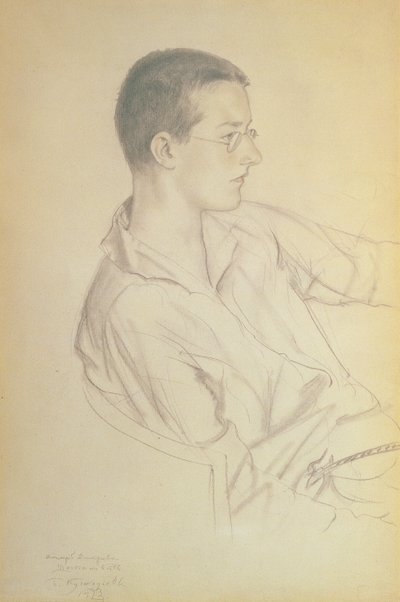 Porträtt av Dmitri Dmitrievich Shostakovich (1906-75), 1923 (penna på papper) av Boris Mikhailovich Kustodiev
