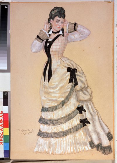 Kvinnligt kostymprojekt för teaterpjäsen Varg och får av Alexandre Ostrovsky (1823-1886) (Dräktdesign för teaterpjäsen Vargar och får av A. Ostrovsky). Verk av Boris Michaylovich Kustodiev (Koustodiev) (1878-1927), akvarell på kort av Boris Mikhailovich Kustodiev