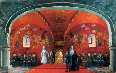 Representation av Boris Fyodorovich Godunov (1551-1605), tsar av Ryssland, dekor för teaterstycket "Boris Godunov" av Alexander Sergeyevich Pushkin (olja på duk) av Boris Mikhailovich Kustodiev