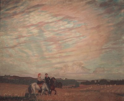 Självporträtt med hustrun till häst, 1915 av Boris Mikhailovich Kustodiev