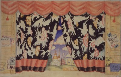 Skiss av gardin för teaterpjäsen Loppan av E. Zamyatin, 1925-1926 av Boris Mikhailovich Kustodiev