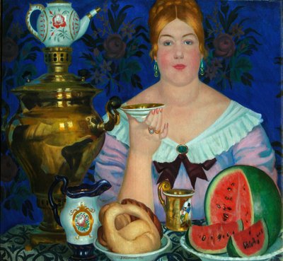 Köpmannens fru dricker te, 1923 av Boris Mikhailovich Kustodiev