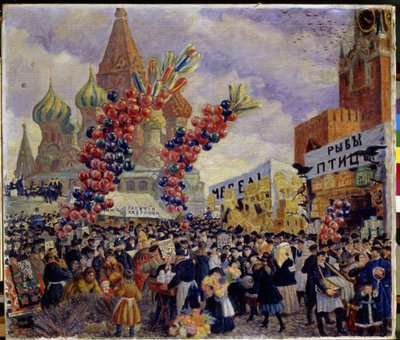 En mässa på det röda torget i Kreml i Moskva (Visa bås). Folkmassan tränger sig fram mellan marknadens olika kommersiella plattformar dekorerade med gigantiska kluster av ballonger. Vi kan se Saint Basil