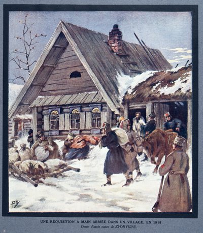 Försvarsmakten rekvirerar förnödenheter i en by av Boris Vasilievich Zvorykin