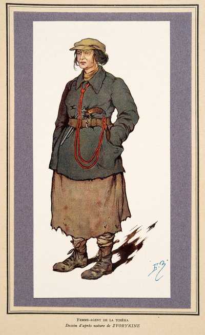 Kvinnlig hemlig agent från Histoire des Soviets, pub. 1922 (färg litho) av Boris Vasilievich Zvorykin