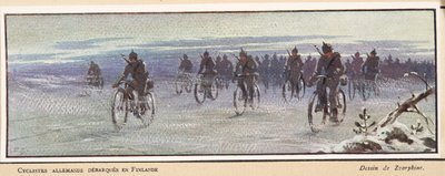 Tyska cyklister som anländer till Finland; från Histoire des Soviets, pub. 1922 (lito i färg) av Boris Vasilievich Zvorykin