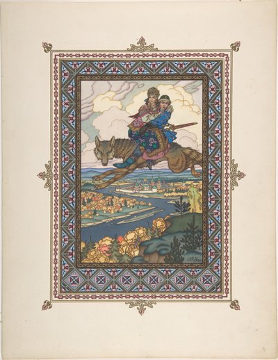 Illustration till sagan om Ivan Tsarevich, eldfågeln och den grå vargen, ca. 1925 av Boris Vasilievich Zvorykin