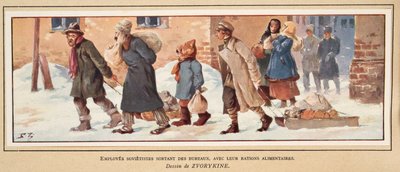 Sovjetiska arbetare som lämnar kontoret med sina matransoner, från Histoire des Soviets, pub. 1922 (lito i färg) av Boris Vasilievich Zvorykin
