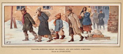 Sovjetiska arbetare som lämnar kontoret med sina matransoner, från Histoire des Soviets, pub. 1922 (lito i färg) av Boris Vasilievich Zvorykin