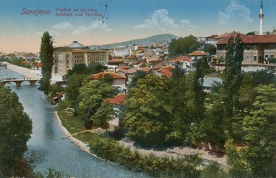 Sarajevo - utsikt norr om staden. Vykort skickat 1913. av Bosnian Photographer