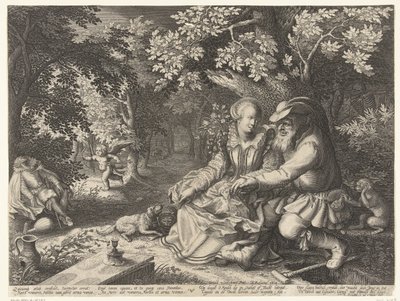 Döden och Amor skjuter varandras pilar, och gammal man uppvaktar ung kvinna av Boëtius Adamsz. Bolswert
