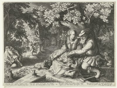 Döden och Amor skjuter varandras pilar och gammal man uppvaktar ung kvinna av Boëtius Adamsz. Bolswert