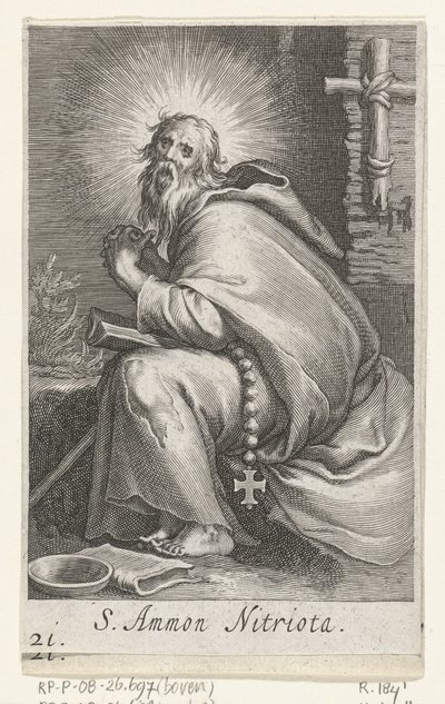 Sankt Ammonius den store som eremit S. Ammon Nitriota (titel på objekt) Eremiter (serietitel) Sacra eremvs ascetarvm (serietitel) av Boëtius Adamsz. Bolswert