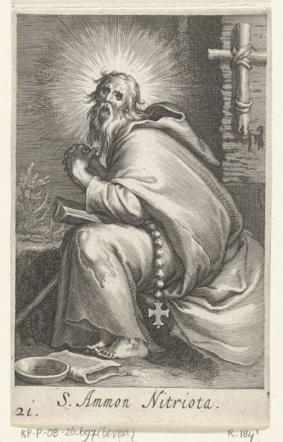 Sankt Ammonius den store som eremit S. Ammon Nitriota (titel på objekt) Eremiter (serietitel) Sacra eremvs ascetarvm (serietitel) av Boëtius Adamsz. Bolswert