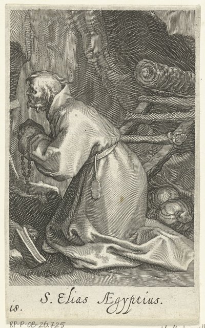 Sankt Elias av Caesarea som eremit S. Elias Aegyptius (titel på objekt) Eremiter (serietitel) Sacra eremvs ascetarvm (serietitel) av Boëtius Adamsz. Bolswert