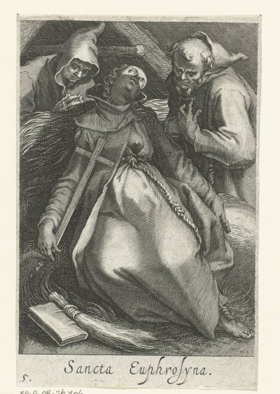 Saint Euphrosina av Alexandria som eremitinna Sancta Euphrosyna (titel på objekt) Eremitinnor (serietitel) Sacra Eremus Ascetriarum (serietitel) av Boëtius Adamsz. Bolswert