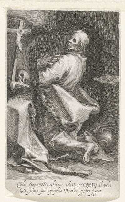 Heilige Jacobus van Nisibis als kluizenaar Cede sapor Nysibaenus (...) Persica flyr lägret (titel på objekt) Kluizenaars (serietitel) Vid den heliga spegeln (...) ger fäderna vingar (serietitel) av Boëtius Adamsz. Bolswert