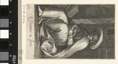Saint John of Lycopolis som en eremit i sin cell S. Joannes i Lyco (titel på objekt) Eremiter (serietitel) Sacra eremvs ascetarvm (serietitel) av Boëtius Adamsz. Bolswert