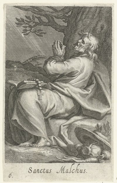 Saint Malchus av Chalcis som eremit Sanctus Malchus (titel på objekt) Eremiter (serietitel) Sacra eremvs ascetarvm (serietitel) av Boëtius Adamsz. Bolswert