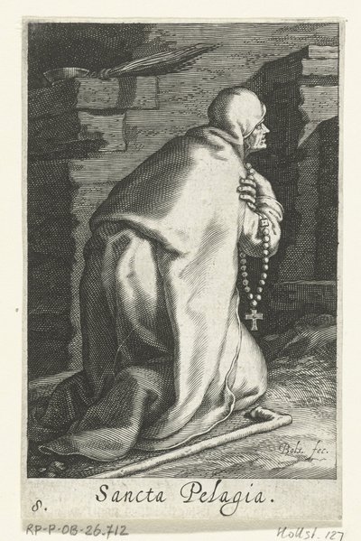 Saint Pelagia av Antiochia som eremitinna Sancta Pelagia (titel på objekt) Eremitinnor (serietitel) Sacra Eremus Ascetriarum (serietitel) av Boëtius Adamsz. Bolswert