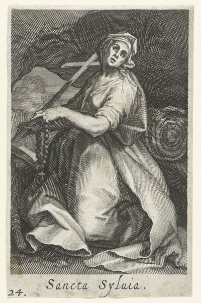Sankta Silvia av Rom som eremitinna Sancta Syluia (titel på objekt) Eremitinnor (serietitel) Sacra Eremus Ascetriarum (serietitel) av Boëtius Adamsz. Bolswert