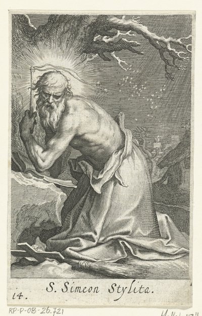 Saint Simeon stiliter den äldre som en eremit S. Simeon Stylita (titel på objekt) Eremiter (serietitel) Sacra eremvs ascetarvm (serietitel) av Boëtius Adamsz. Bolswert