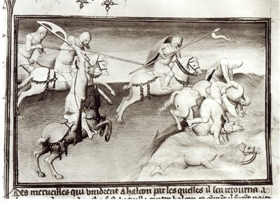 Ms Fr 2810 Den mongoliska ledaren, Hulagu, khan av Ilkhanate jagar sin kusin, Berke, khan av Kipchak eller Golden Horde i 1262, och tvingar honom i en flod, från Livre des Merveilles du Monde, c.1410- av Boucicaut Master