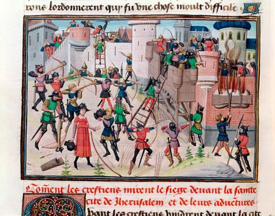Ms 5089-90 Belägringen av Jerusalem av de kristna under ett av korstågen, från Chroniques des empereurs av David Aubert, 1462 av Brabant School