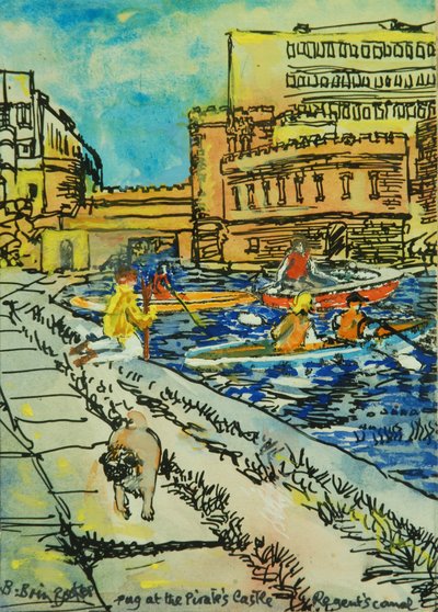 Pug by the Pirates Castle (akvarell på papper) av Brenda Brin Booker