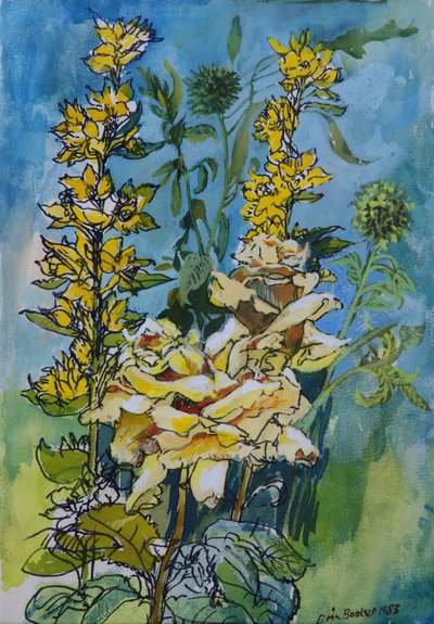 Yellow Rose and Loosestrife, 1983 (penna & bläck med wc på papper) av Brenda Brin Booker