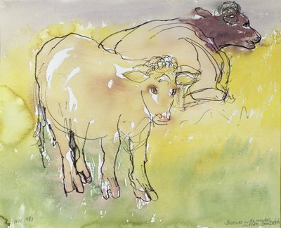 Young Bullocks in the Meadow, 1983 (penna och bläck med wc på papper) av Brenda Brin Booker